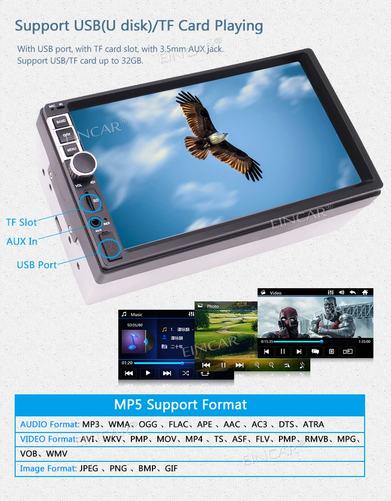 Двойной Din Автомобильный видео MP5 плеер Поддержка Bluetooth/AV In/fm радио/USB/TF/Cam In/SWC Eincar 2