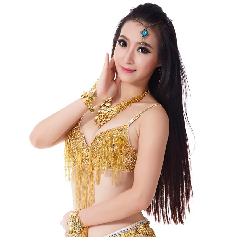 Women lady Sexy Belly Dance Top Bra bellydance Twinkling Sequined tassel Bra Beaded Fringe Dancing Costume dancewear Underwear - Цвет: Gold