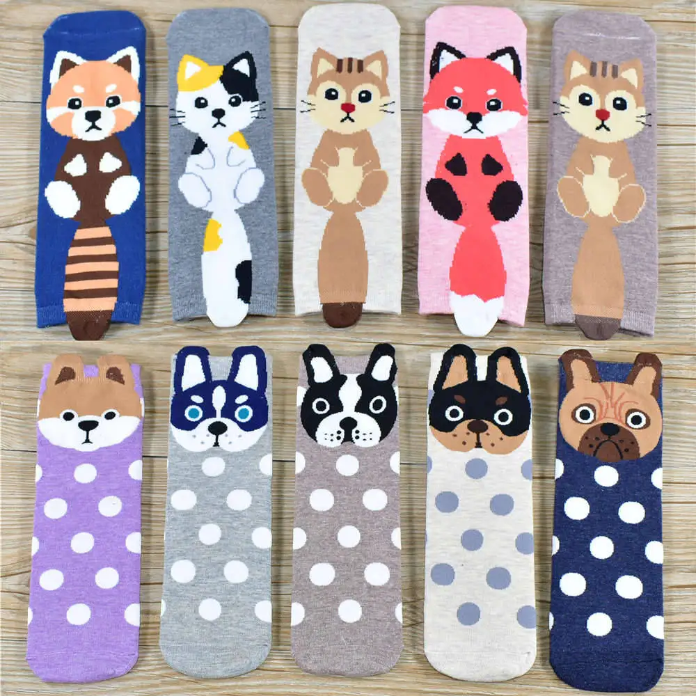 10 pairs of socks Женские носки,, новые носки для девушек, мультяшный мопс, милый рисунок, хлопок, подарок, забавные Женские носочки - Цвет: 10 pairs of socks