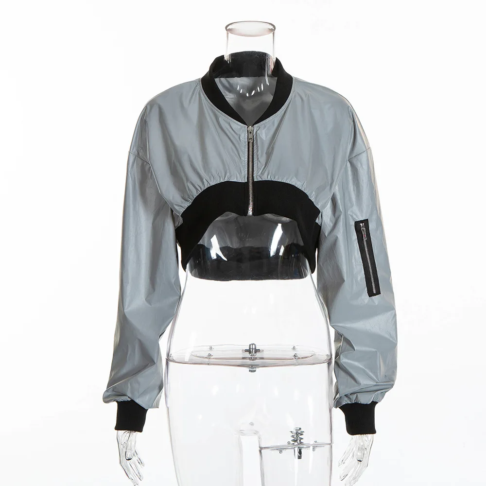 2021 Women Short Coat Long Sleeve Zipper Bomber Jackets Gray Reflective Silver Coat Female Cropped Baseball Blink Top images - 6
