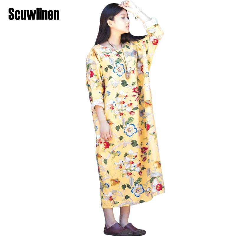SCUWLINEN 2019 Восточной Стиль Весна Повседневные платья с длинным рукавом Цветочный