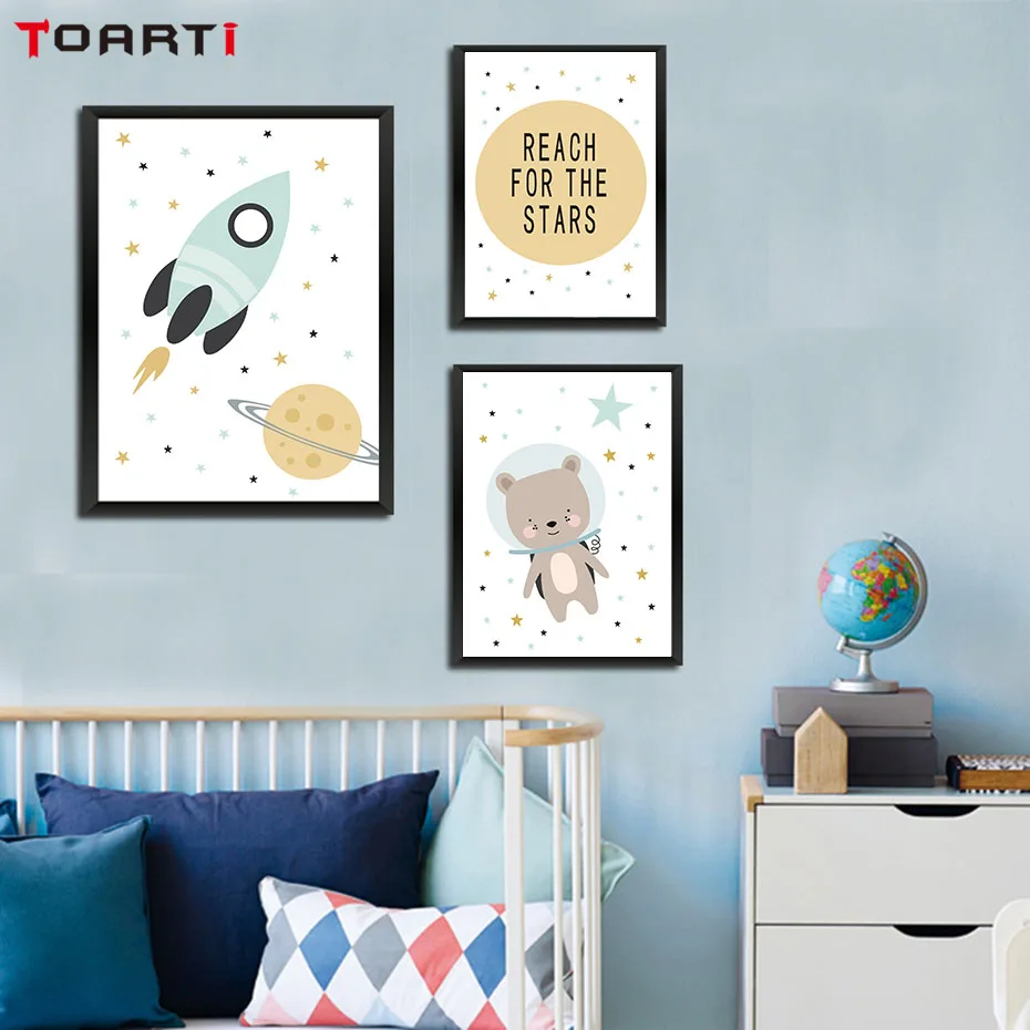Cartoon Bear Rocket Planet Reach Quotes Wall Art Canvas Painting Nordic Poster And Prints Pictures For Kids Room Home Decor | Дом и сад