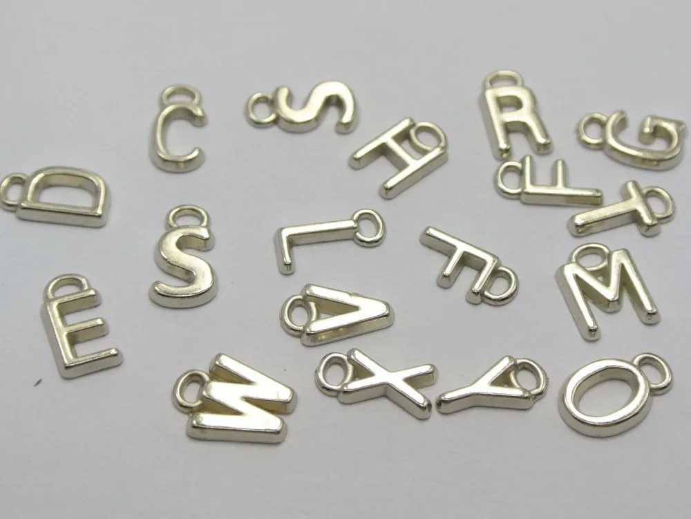 

200 Assorted Silver Tone Metallic Acrylic Alphabet Letter Charm Pendants