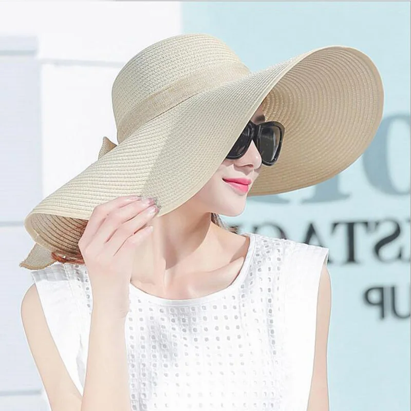 simple summer straw hat women big wide brim beach sun foldable block UV protection panama bone chapeu feminino | Аксессуары для