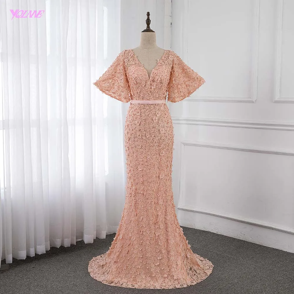 Picture Color Robe De Soiree новые элегантные кружевные цветы Формальные Вечерние платья с длинным v-образным вырезом платье с жемчугом платье русалки YQLNNE - Цвет: Picture Color
