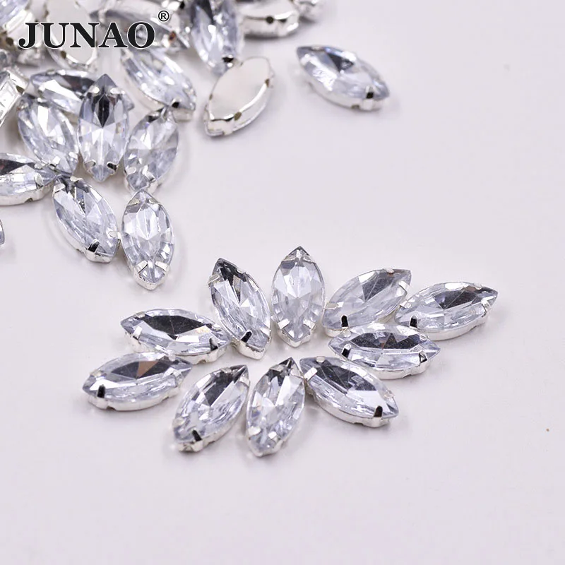JUNAO 7x15mm 5x10mm Clear White Crystal Sew On Horse Eye Rhinestones Acrylic Gems Flatback Crystal Applique for Clothes Crafts