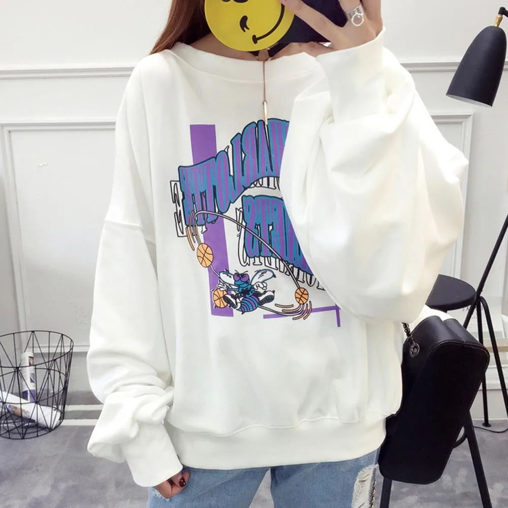 Harajuku женские осенние худи мультфильм печатных пуловер длинные рукава с круглым