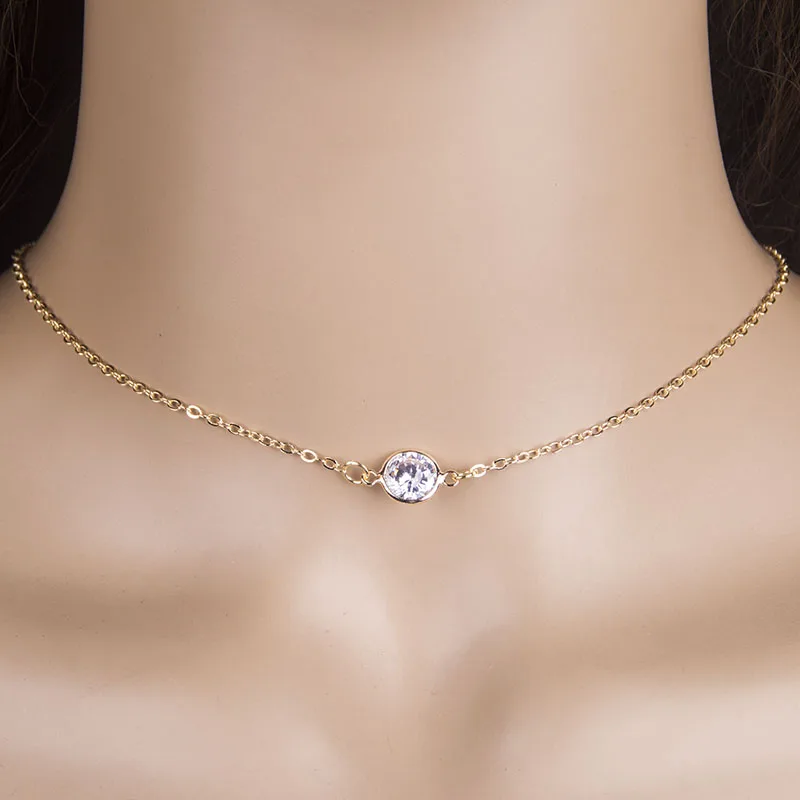 

Sparkling solitaire Cubic zircon necklace Round Minimal Gold pendant rhinstone crystal choker necklace gift wedding jewelry