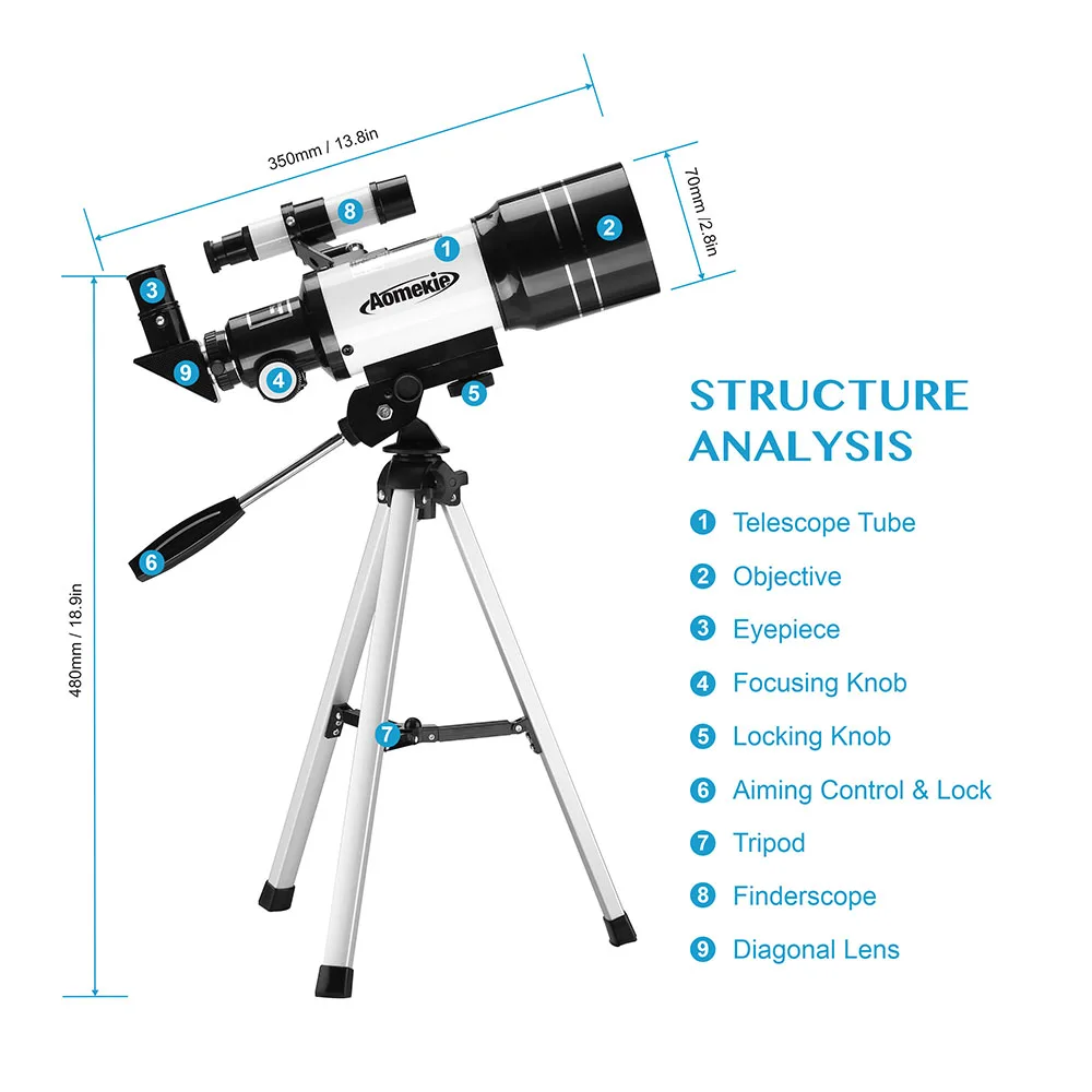 AOMEKIE 30070 Astronomical Telescope with Phone Holder Compact Tripod 15-140X Moon Watching Monocular for Kid Beginner