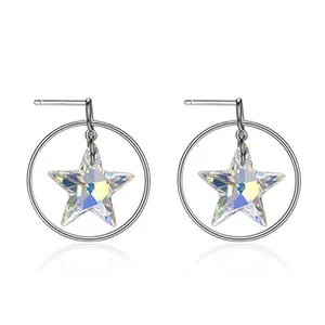 Перфорированный Круглый кристалл звезды от Swarovski Висячие серьги для женщин 925 стерлингового серебра уха аксессуары красивые украшения Свадебная вечеринка - Цвет камня: White