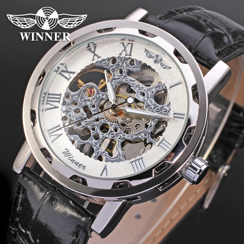 Winner Men's Watch Mechanical Movt Transparent Crystal Leather Strap Stylish Analog Fashion Wristwatch Color White WRG8008M3S1 | Наручные