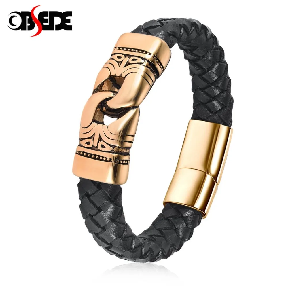 OBSEDE Men Punk Classical Jewelry Braided Leather Bracelet Stainless Steel Magnetic Clasp Gold/Sliver single Wristband Pulseiras