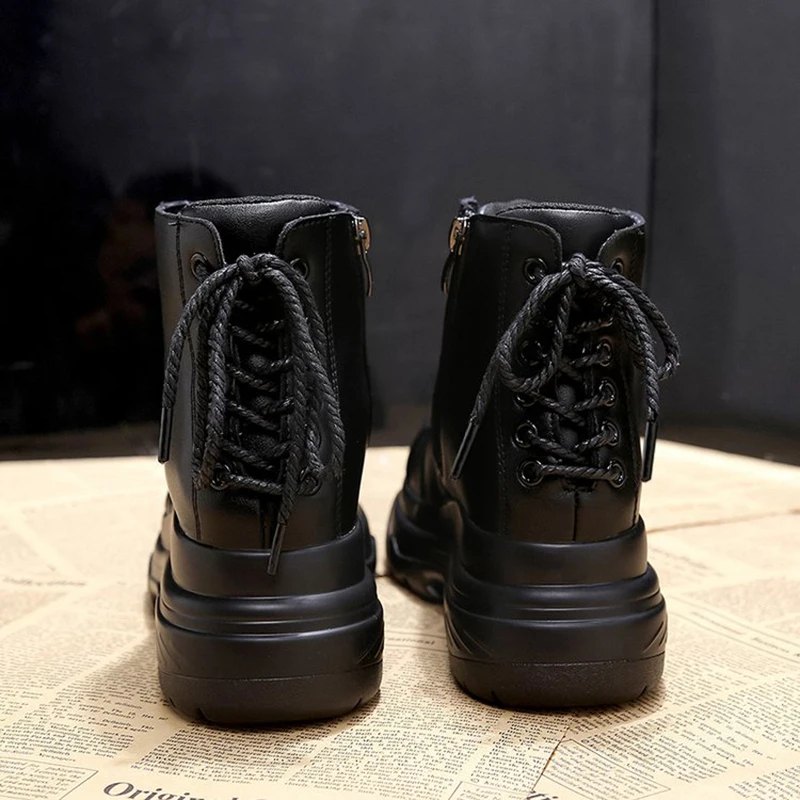 

ADBOOV New Fall Winter Boots Women Thick Sole Platform Ankle Boots Back Shoelace Cross-Tied PU Leather Flat Boots Black