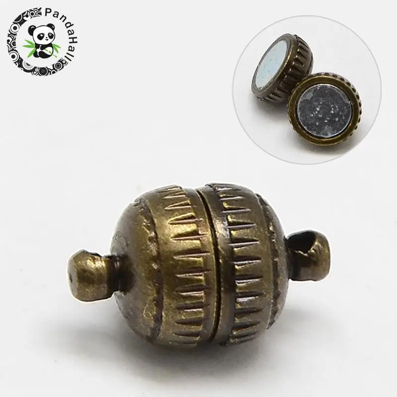 

100pcs Brass Magnetic Clasps, Nickel Free, Round, Antique Bronze, 11x6mm, Hole: 1mm