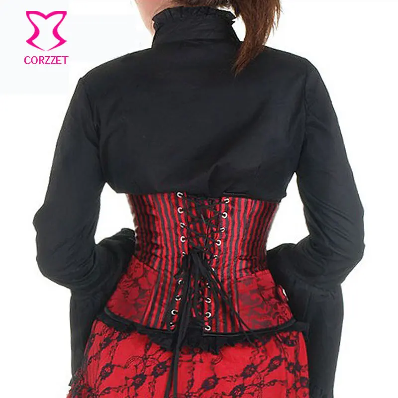 Красный и черный полосатый панк рок утягивающие корсеты стальной корсет с