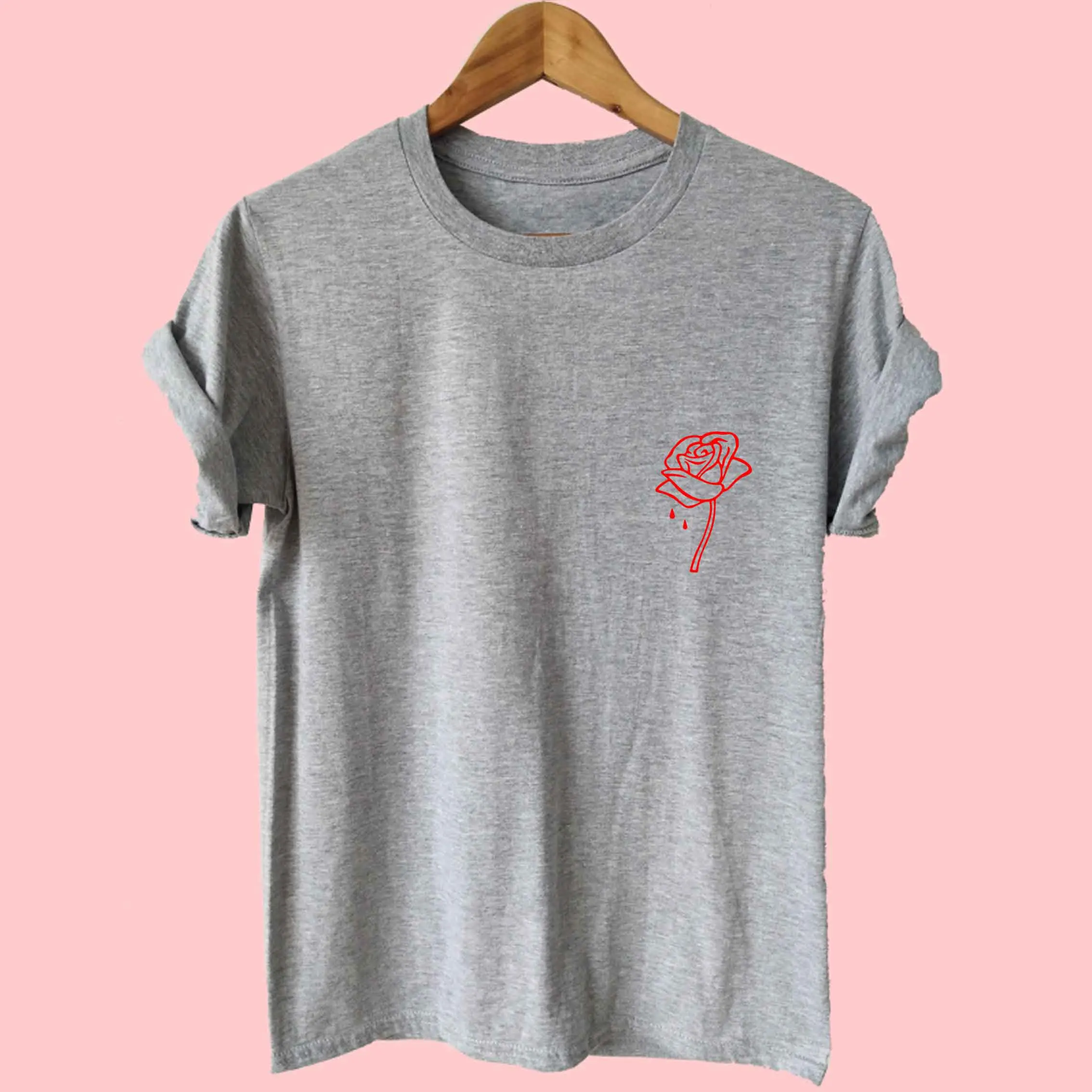 Новинка 2018 Харадзюку красная роза цветочный принт с карманом женская футболка