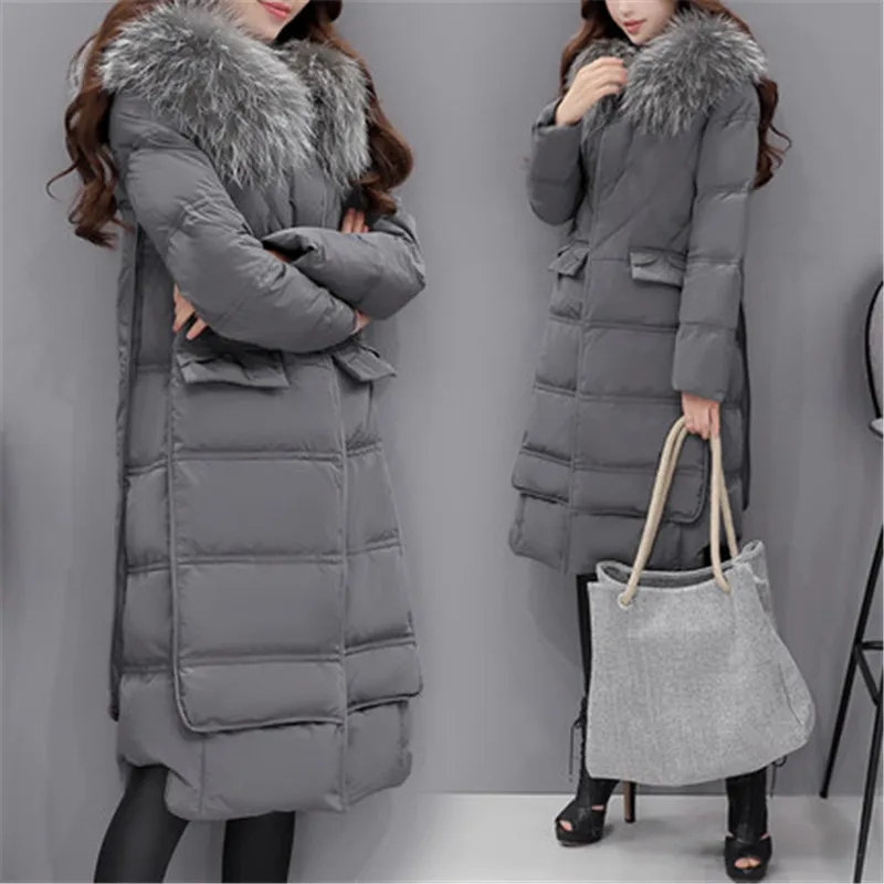 AYUNSUE Women Down Coat Large Fur Collar Parkas Winter Jacket 80% White Duck Coats Hooded Knee Long Snow ST279 | Женская одежда
