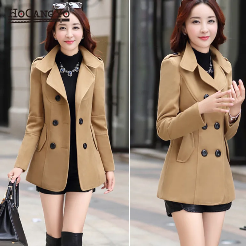 HCYO Women Woolen Coat Winter Short Lapel Double-breasted Slim Overcoats Plus Size Elegant Womens Coats and Jackets | Женская одежда