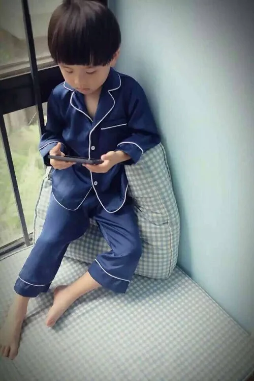 Blue Long Sleeve Корейский детский пижамный комплект, детские пижамы для девочек и мальчиков, шелковая пижама, enfant, детская одежда для сна Ночное белье с короткими рукавами, домашняя одежда, костюм, Новинка - Цвет: Blue Long Sleeve