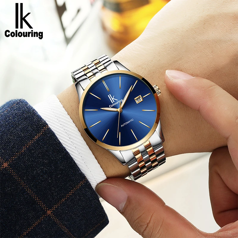 

IK Mens Watch Mechanical Watches Top Brand Luxury Fashion Casual Mechanical Clock Simple Gold Leather Large Dial Wristwatch