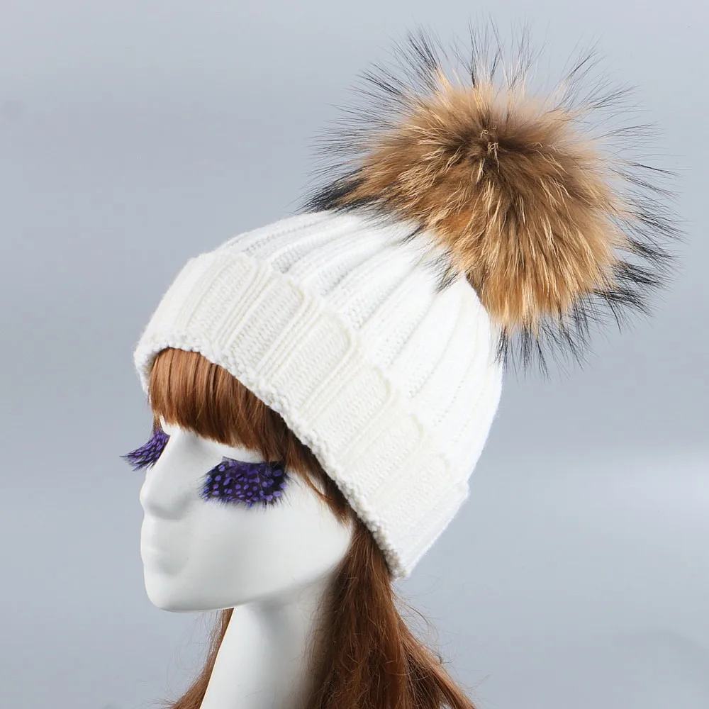 Шапка с помпонами из меха норки и лисы зимняя женская шапка вязаная шерстяная для