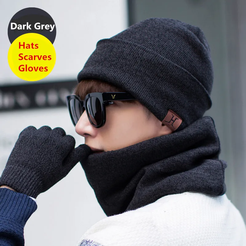 Men Hats Scarf Gloves Set Winter 2017 Hot Wool Knitted Hat Screen Touch Finger Sets Warm Accessories |