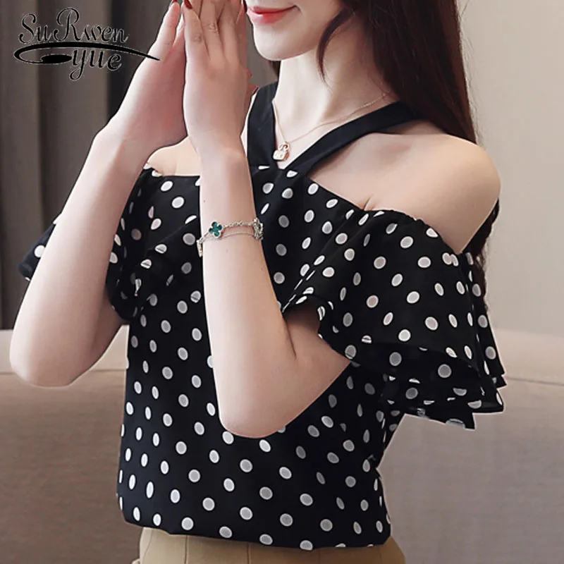 

Women blouse and top 2019 summer fashion Lady chiffon shirts Off-the-shoulder lacing Slim women short blouse wear sweet 3572 50