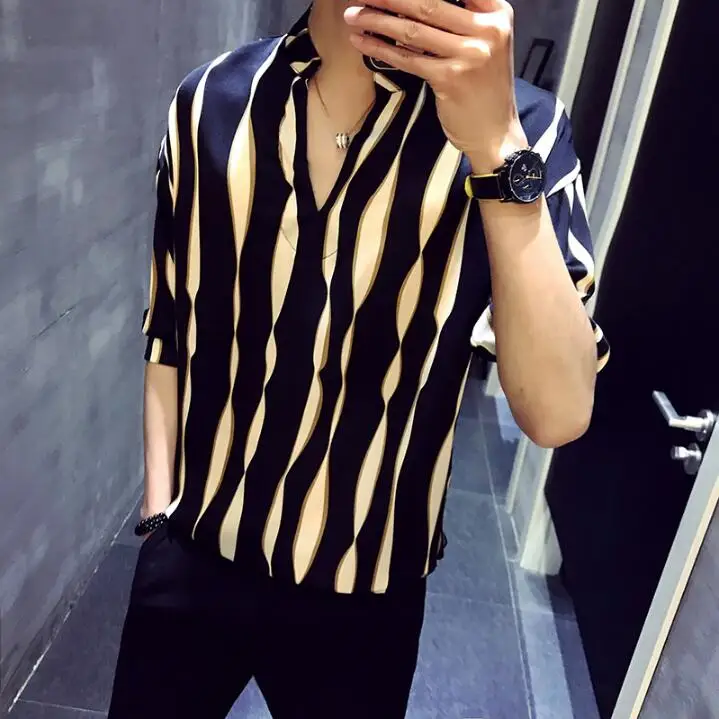 Sunwang мужские рубашки пуловер летние полосатые s Social Camisas Para Hombre v образный вырез