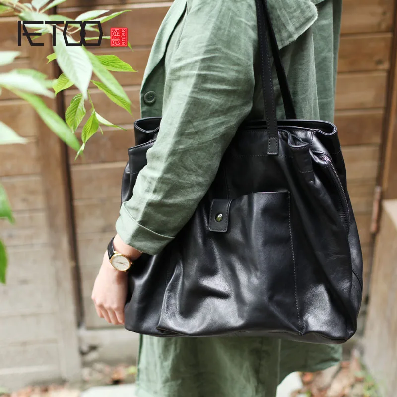 AETOO New Korean black top layer soft cowhide multi-layer women's bag large-capacity shoulder vintage leather tote | Багаж и сумки