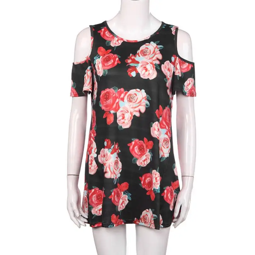 2017 Горячая футболка женская цветочная o образным вырезом с открытыми плечами