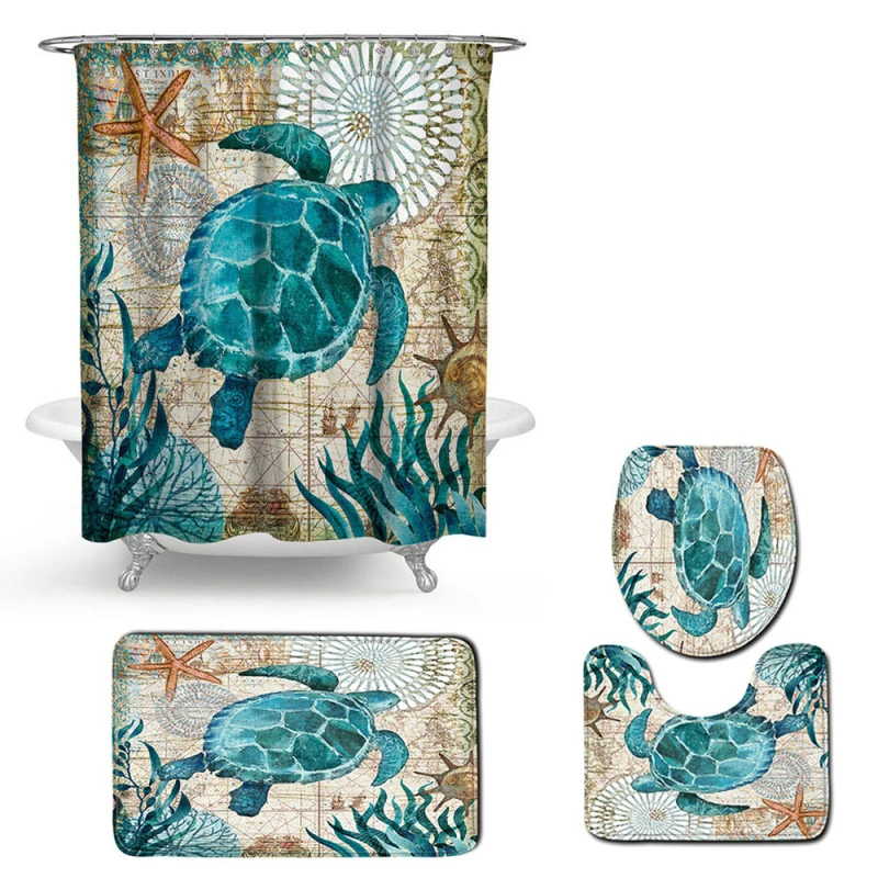 1 Set Turtle 4 шт./компл. океан подводный мир узор Ванная комната ковролин Набор морской коврик для ванной нескользящие пьедестал коврик крышки унитаза крышка - Цвет: 1 Set Turtle
