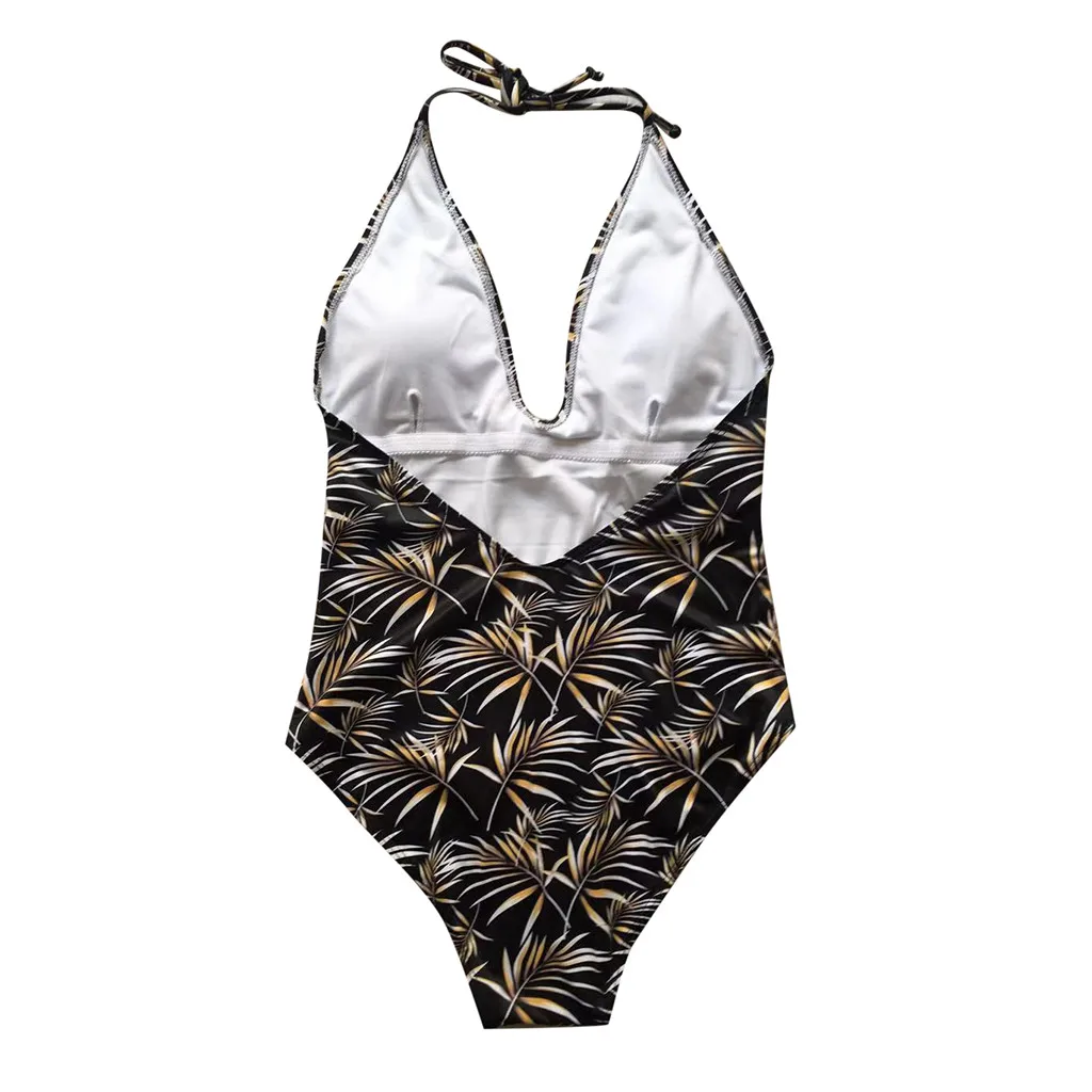 Женский новый летний бикини с принтом листьев черный купальник цельный Глубокий