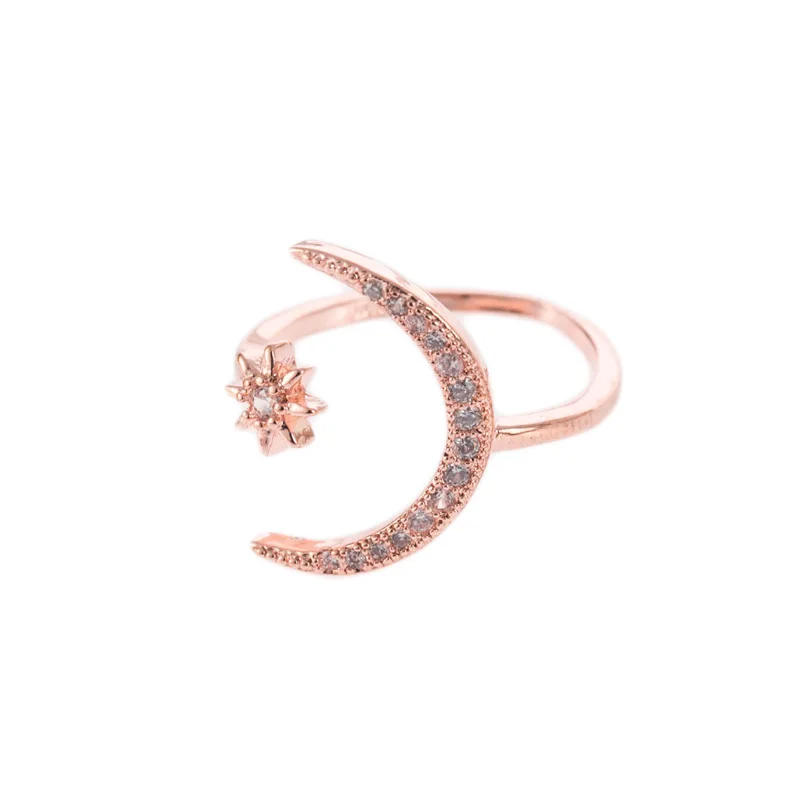 ROSE GOLD Женские кольца в стиле бохо с открытой звездой и Луной для женщин, розовое золото, Цвет Заполненный, милое кольцо с белым кристаллом, минималистичное ювелирное изделие - Цвет основного камня: ROSE GOLD