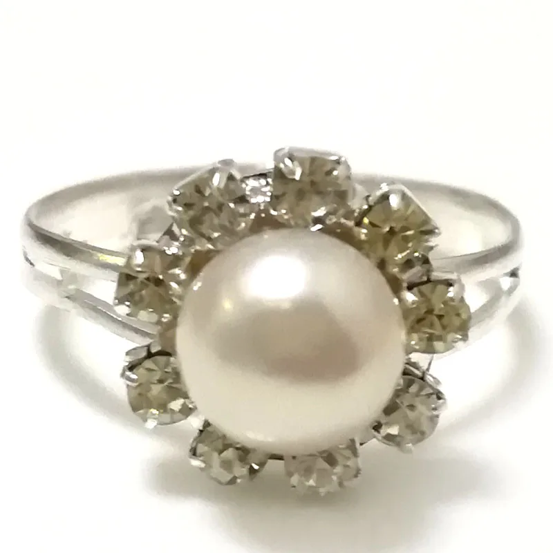 

7# 7-8mm White Natural Women Button Pearl Adjustable Zirconia Ring