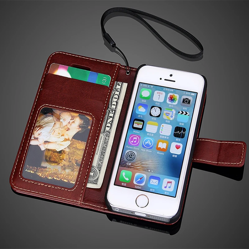 Высокое Качество Бизнес PU Кожаный Чехол для iPhone 5 5S Флип Браслет стенд Карточки