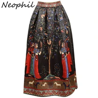 neophil 2022 boho long ethnic indian floral printed maxi women skirts black white pleated satin floor length jupe longue ms08002