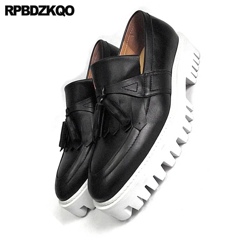 Loafers Plus Size British Style Luxury Spring Real Leather Platform Creepers Black High Quality Tassel Genuine Brand Shoes Men | Обувь