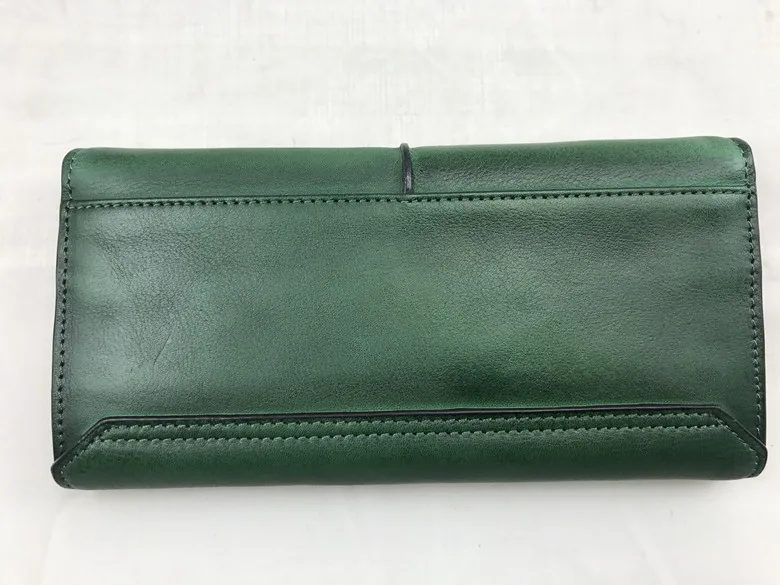 Vintage Designer Genuine Leather Women's Clutch Purse Cow Skin Blackish Green Female Large Trifold Wallet Lady Long Card Wallet