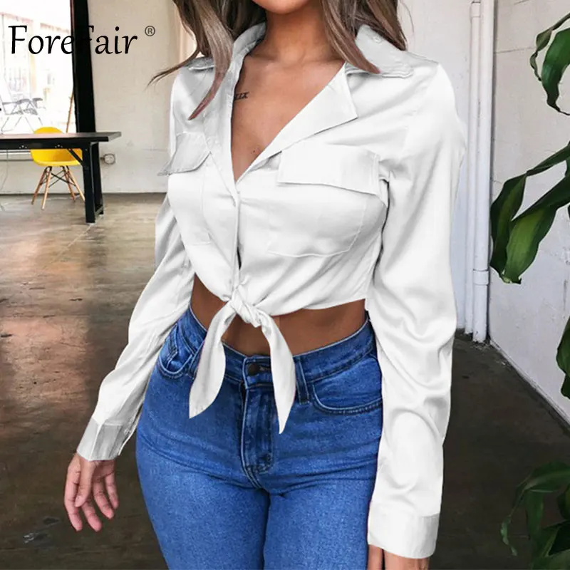 Женская атласная шелковая блузка на шнуровке Forefair укороченный топ с длинными