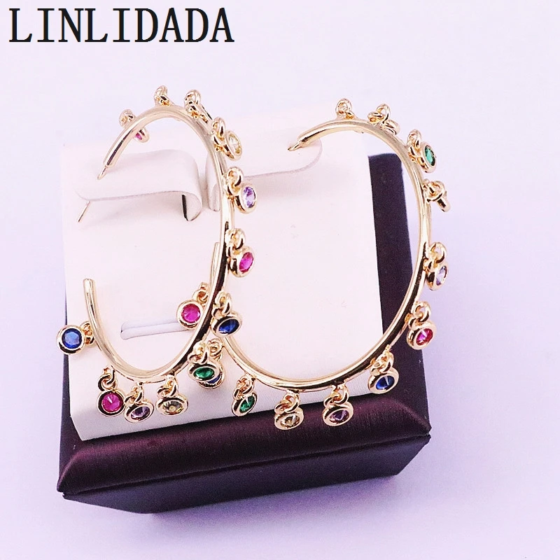 Серьги-гвоздики золотистые с разноцветным фианитом 3 пары | Украшения и