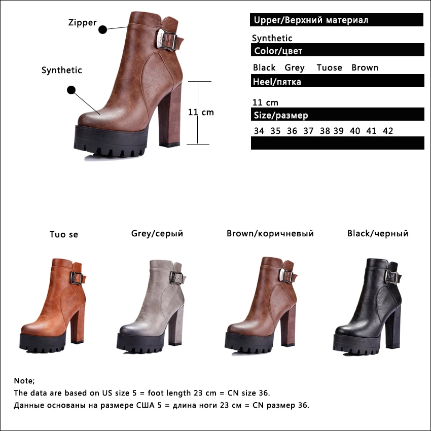 

QUTAA 2018 Women Ankle Boots Buckle Square High Heel Round Toe Spring Autumn Shoes Zipper Platform Sexy Ankle Boots Size 34-42