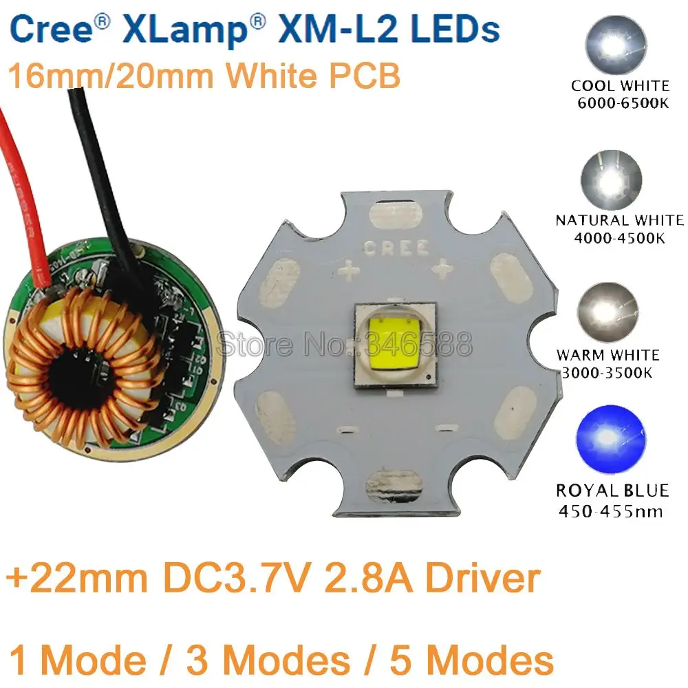 20mm White PCB CREE XML2 XM-L2 T6 10W Cool White Neutral White Warm White High Power LED Emitter Chip+ 12V Input 22mm LED Driver