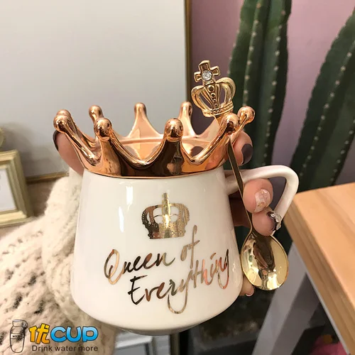 D(with spoon) 300 мл нордическая Золотая креативная Корона кружка розовая девочка сердце леди завтрак кофе керамические чашки и кружки свадебный подарок - Цвет: D(with spoon)