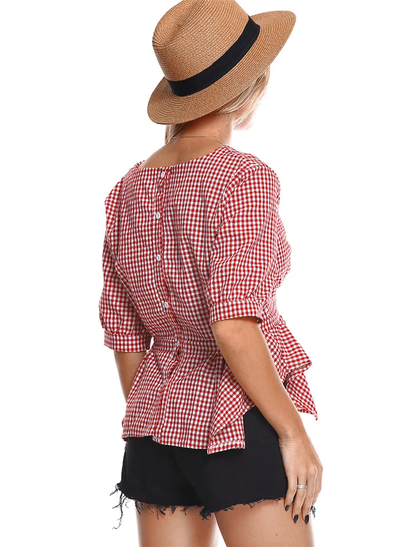Roiii плед Топы 2018 новый летний Для женщин рубашки Половина рукавом Slim Fit Блузка