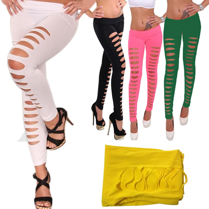 Новинка 2017 сексуальные женские однотонные леггинсы с дырками брюки высокой