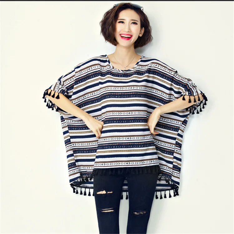 Женская хлопковая футболка в полоску с рукавом летучая мышь и круглым