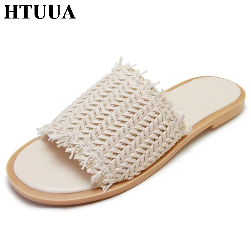 HTUUA/Повседневные плетеные женские тапочки Мягкие Шлепанцы на плоской подошве