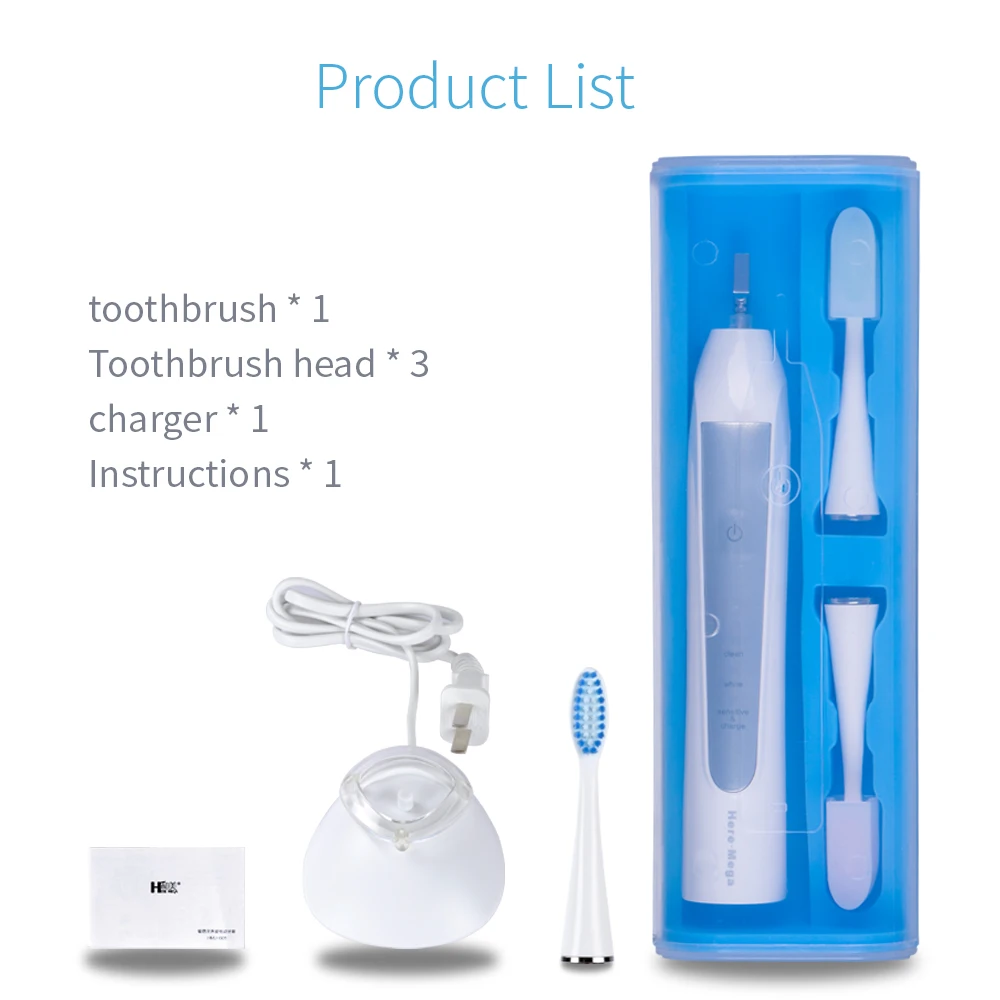 HERE-MEGA, Ультразвуковая электрическая зубная щетка, ультра звуковое отбеливание зубов, вибратор, беспроводной Таймер для гигиены полости рта, Три головки, щетка DuPont 601