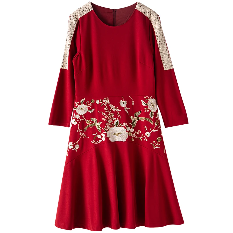 Осенние женские китайский стиль floral midi красный/черное платье Вышивка платья