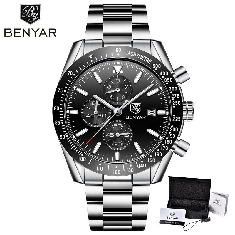 Steel Black in Box BENYAR, мужские часы, брендовые, Роскошные, силиконовый и стальной ремешок, наручные часы, мужские, кожаный Хронограф, кварцевые, военные часы, Relogio Masculino - Цвет: Steel Black in Box